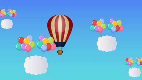 Animation-Eines-Sechseckmusters-Mit-Heißluftballon-Und-Wolken,-Die-An-Bunten-Ballons-Hängen