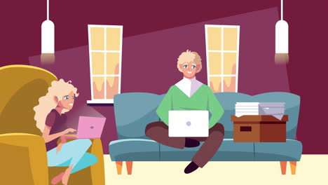 girls in livingroom work at home campaign animation