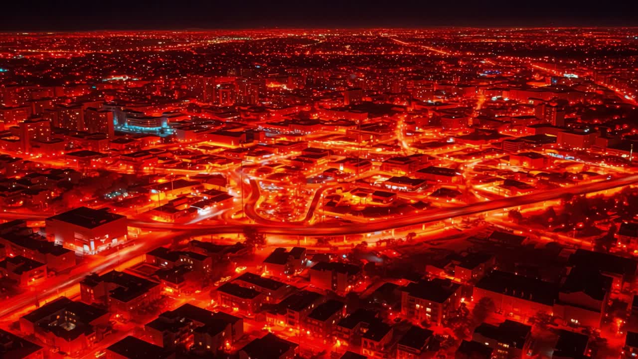 A mesmerizing panoramic view of a vibrant city illuminated by an intense red glow, showcasing a network of roads and buildings against the night sky