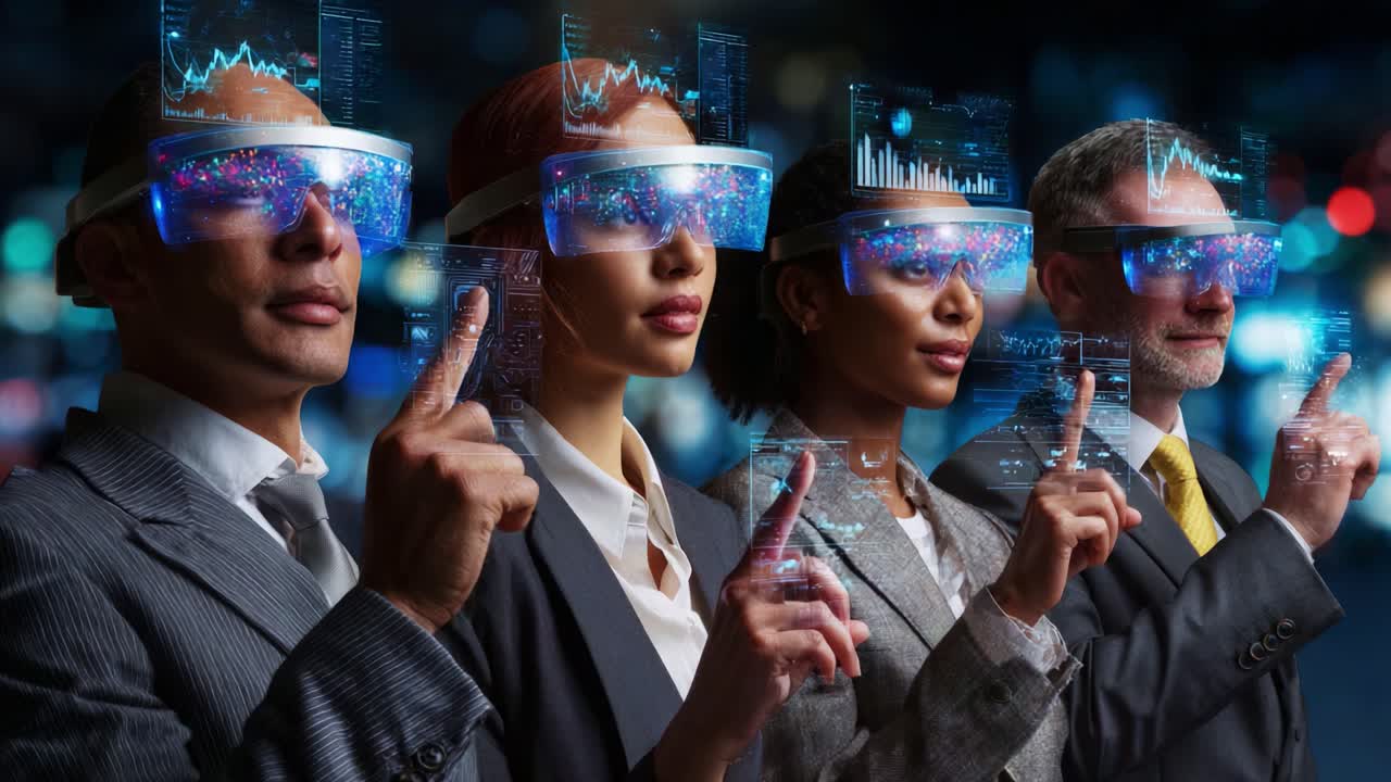 A Diverse Group of Professionals Engaged with Augmented Reality Interfaces, Showcasing Data Visualizations and Advanced Technology in a Modern Business Environment