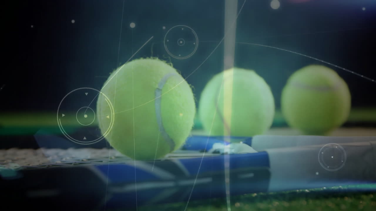 Three fuzzy yellow green tennis balls sitting on racket strings, showing digital HUD 3D render