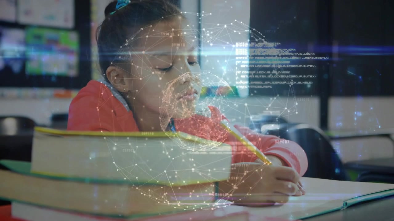 Female student tapping pencil then writing for class task in classroom, globe overlay showing code