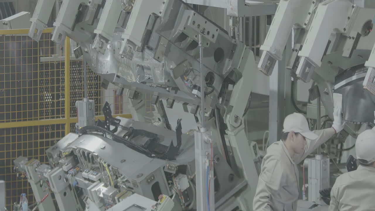 Professional workers assemble a vehicle body, press a metal steel sheet in factory to makes the parts cars. Automotive manufacturing industry.