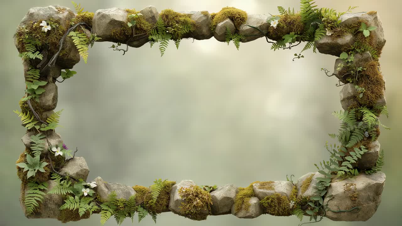Moldura de pedra retangular coberta de musgo, mostrando samambaias e folhas curvando-se com a brisa em um jardim enevoado