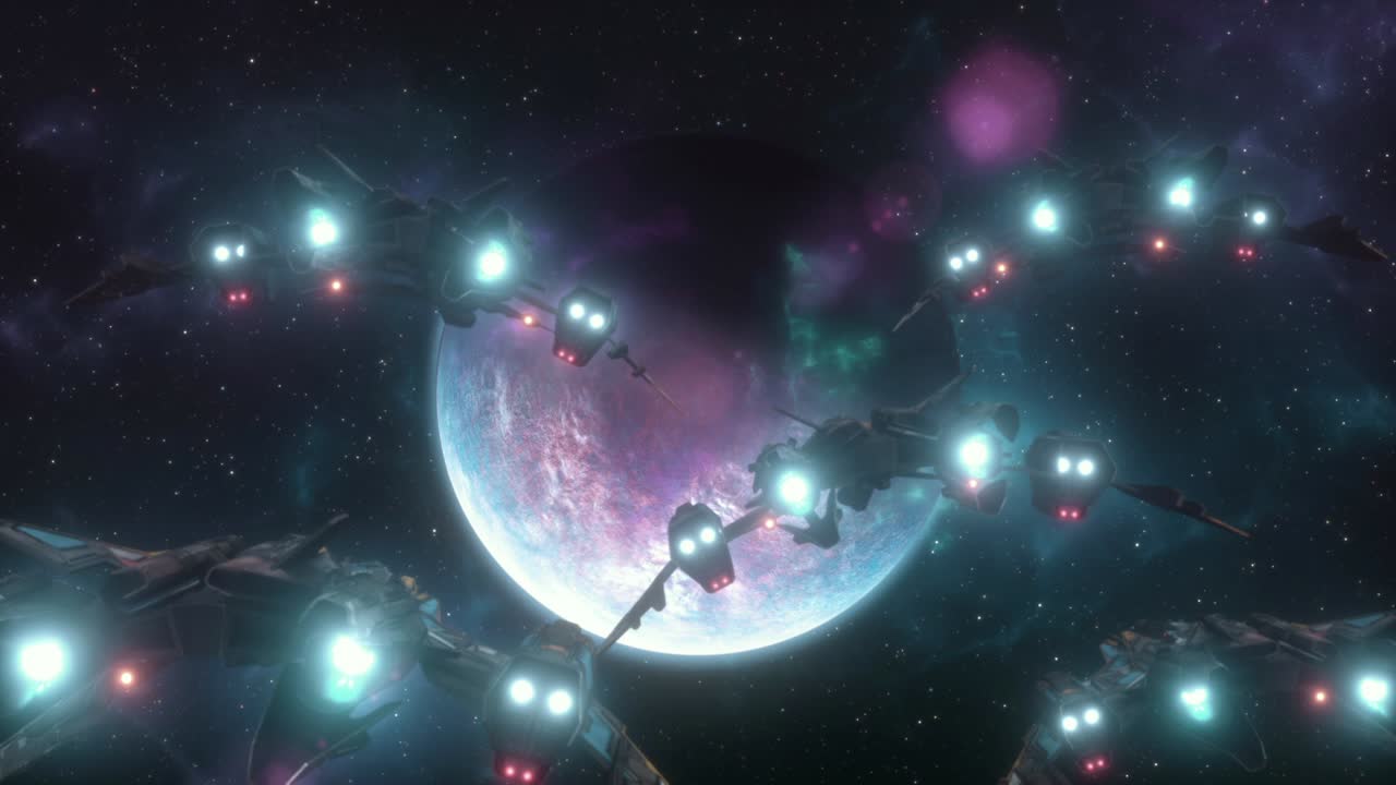 먼 외계 행성에 접근하는 침공 함대