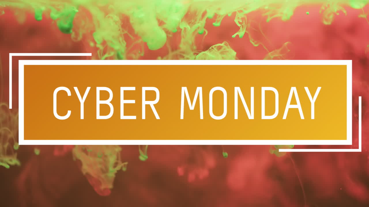 Animazione del testo 'Cyber Monday' su sfondo liquido arancione