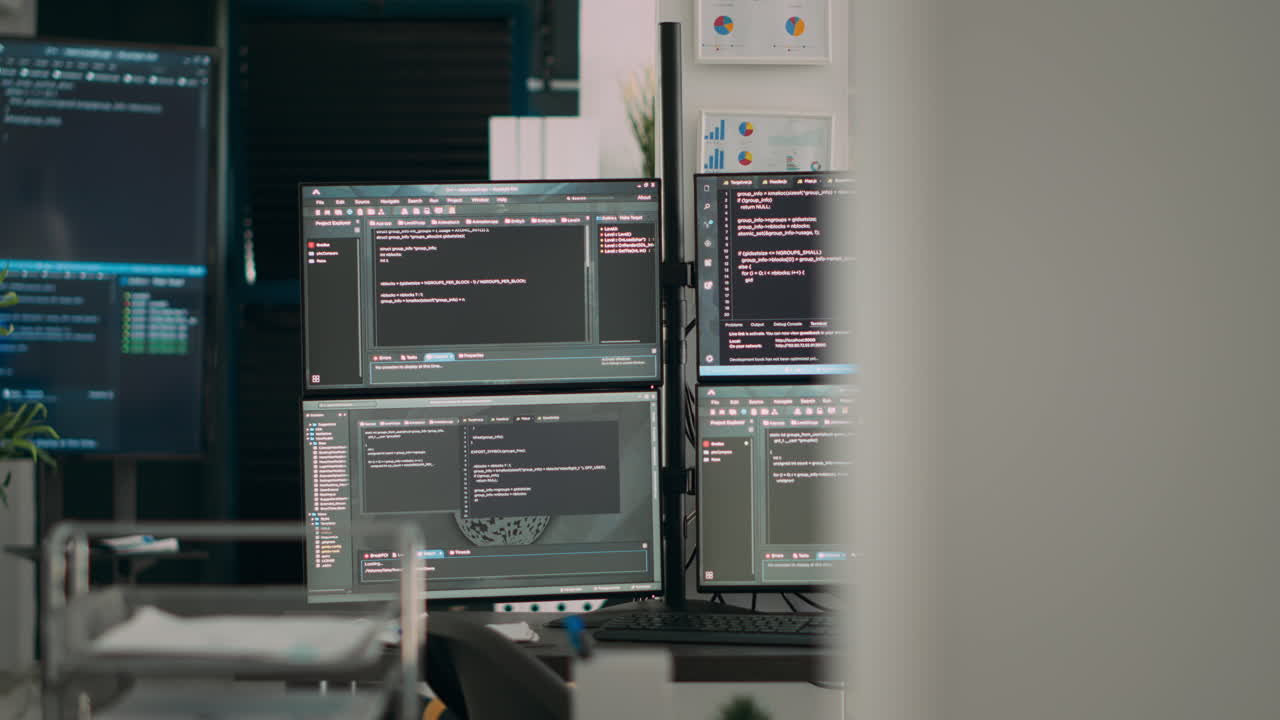Empty office desk with multiple screens running software developing script