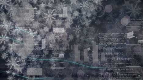 Animation-of-data-processing-over-snow-falling-at-christmas