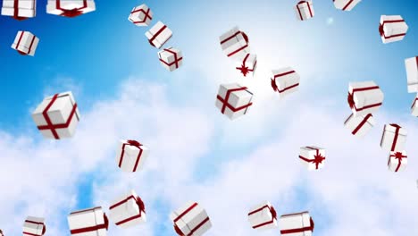 animation of falling gifts over cloudy sky