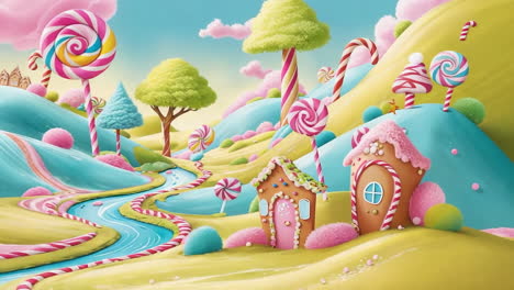 a whimsical candy land landscape with gingerbread houses and giant lollipops