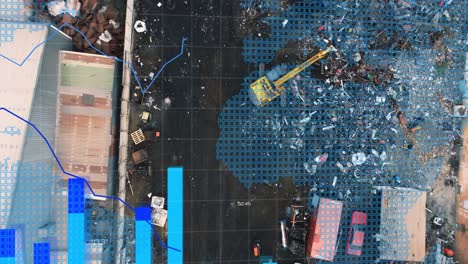 procesamiento de datos financieros sobre el mapa del mundo contra el sitio industrial urbano