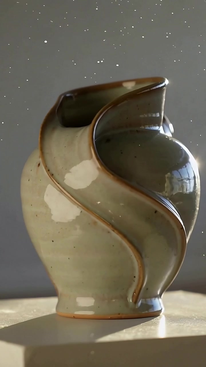 Vertical video: Panning camera revealing ceramic pitcher on table, showing spiral and window light