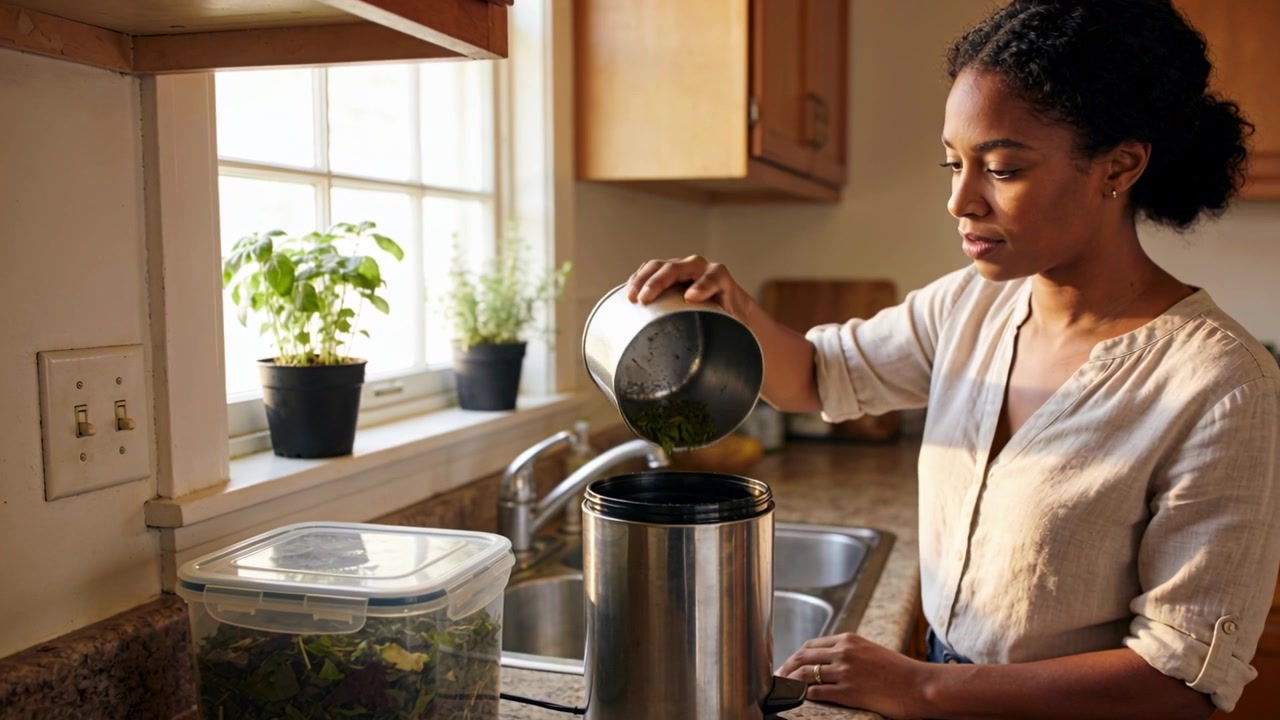 Woman Adding Fresh Greens to Kitchen Compost Bin