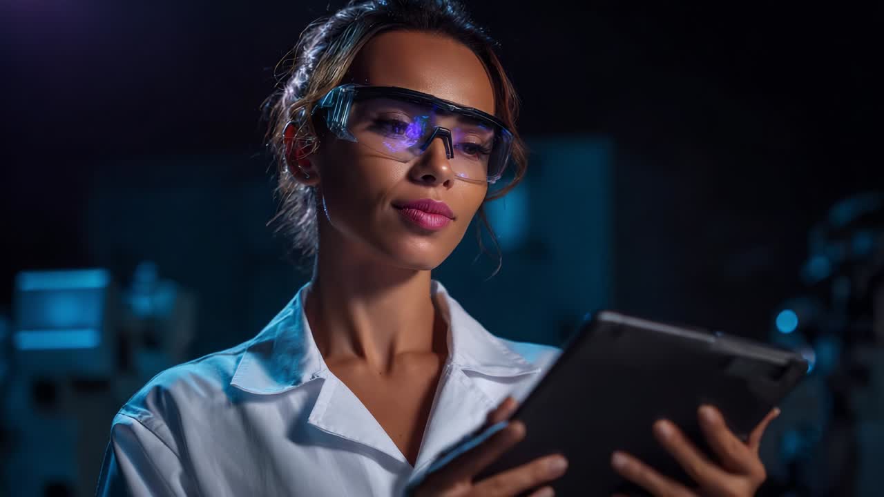 A focused scientist wearing protective eyewear reviews digital data on a tablet, showcasing advanced technological interaction and analysis in a modern laboratory setting, emphasizing innovation and research