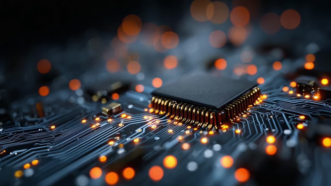 Detailed Close-up of a Computer Chip on a Circuit Board Radiating with Glowing Lights, Highlighting Technological Innovation and Electronic Components