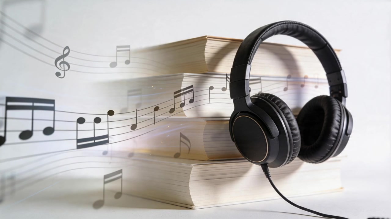 Receiving musical notes, wired headphones leaning by books on table for playback, copy space