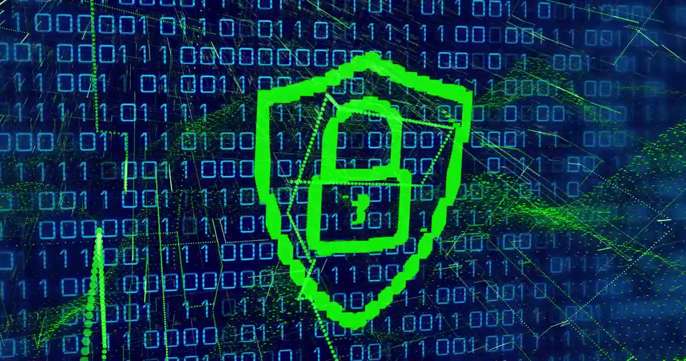 Animation of green lock icon, abstract pattern on digital interface with binary codes