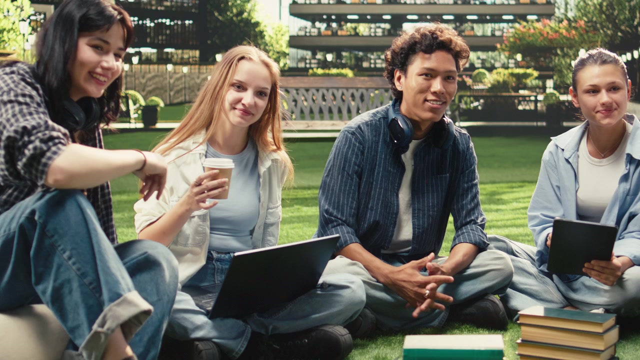 Portrait of diverse peers sitting on campus lawn for group study session