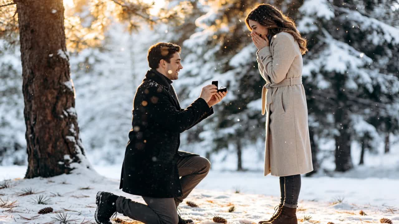 Kneeling man offering black ring box, proposing in snowy pine forest, woman covering mouth in coat