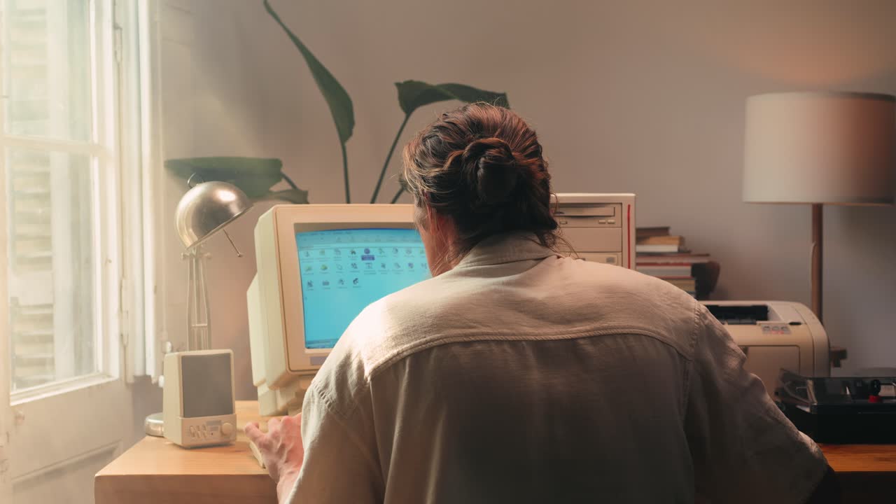 Man working and gaming on retro computer PC, IT engineer with vintage computer at home, using old fashion technology, close up of retro setup.