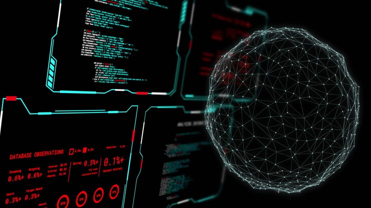 Animation of digital data processing on screens and globe over black background
