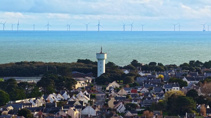 Wide coastal view of Le Croisic with white water tower in foreground and rows of Saint Nazaire offshore wind farm turbines turning on the blue Atlantic horizon