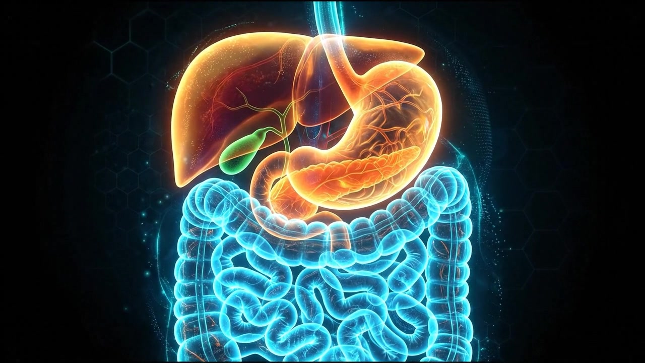 3D human digestive organ model showing stomach and intestine