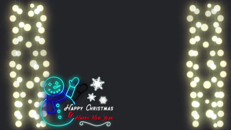 hombre de nieve de neón con feliz navidad y feliz año nuevo texto contra luces de hadas brillantes