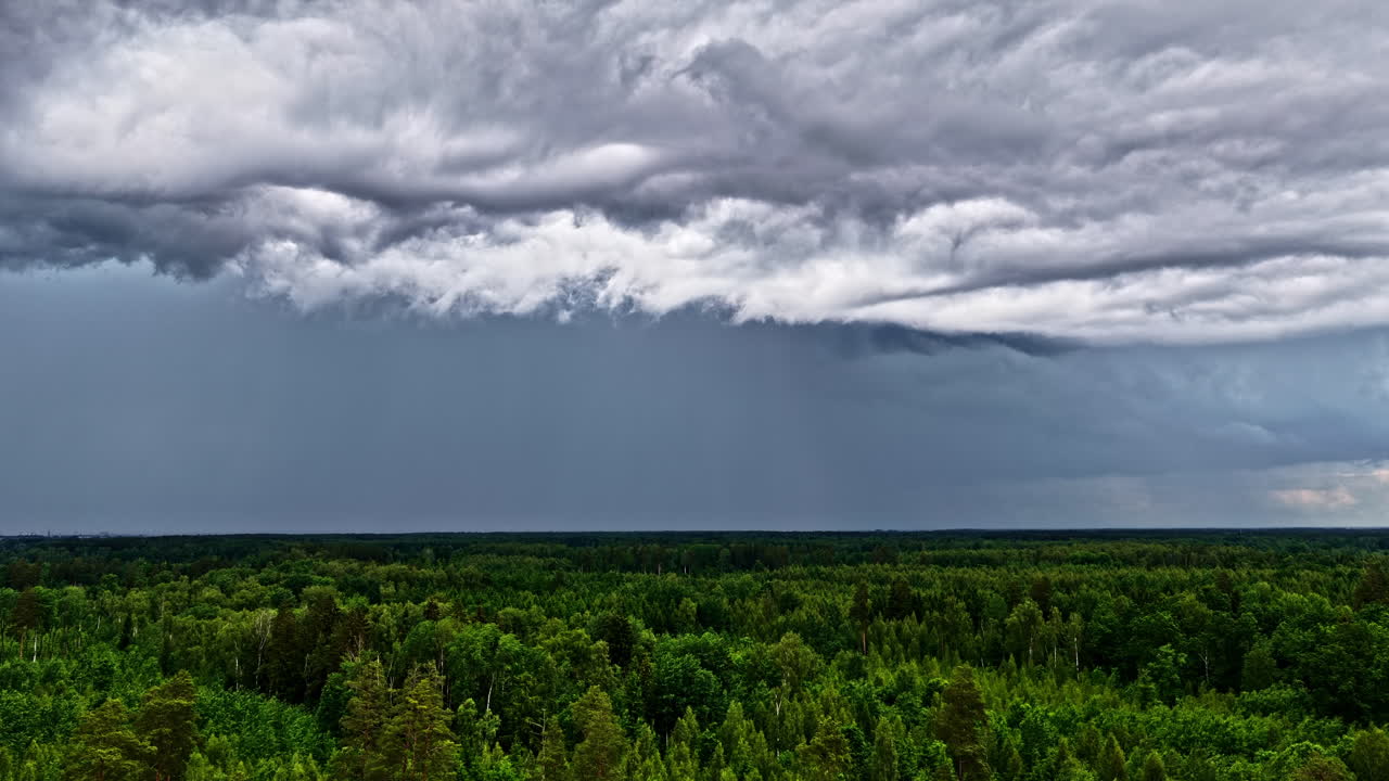 Cumulonimbus Clouds Over The Dense Forest With Green Trees. - aerial pan shot