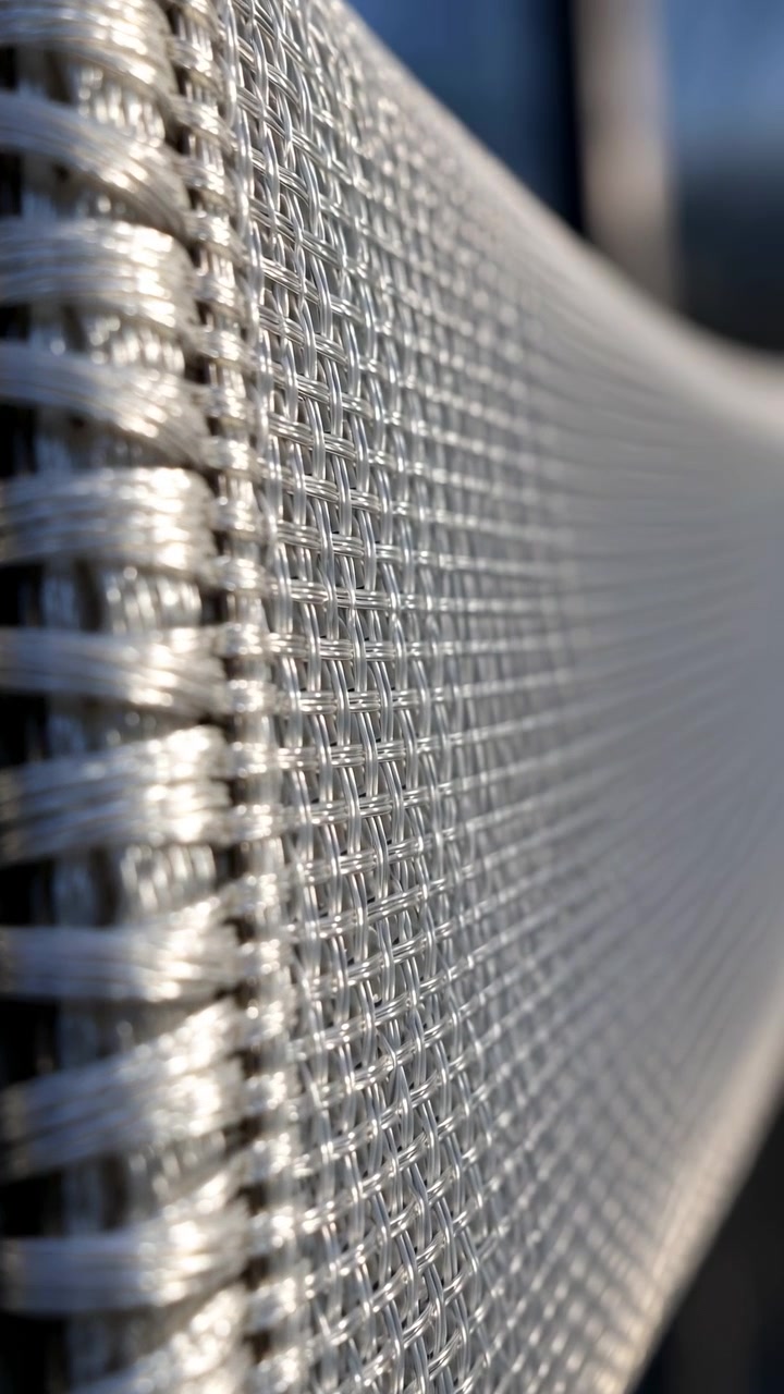 Focus moves across silver-gray woven strands from thick braided border to tighter mesh, while warm highlights trace glossy fibers against a dark, softly blurred blue-gray background.