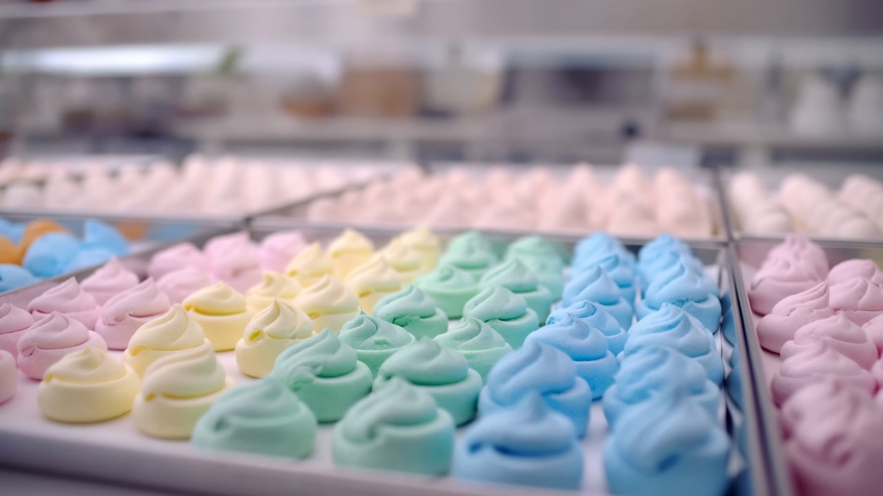 Trays Of Pastel Meringues Neatly Arranged On Stainless Trays In Artisan Bakery Setting, Soft Lighting