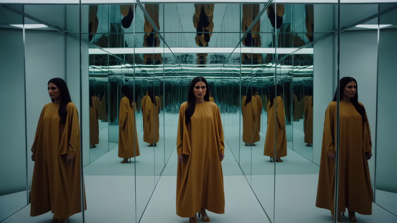 A woman in a yellow dress in a mirrored room with endless reflections