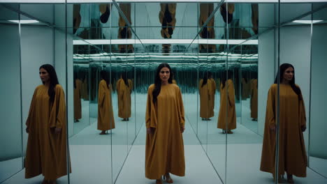 a woman in a yellow dress in a mirrored room with endless reflections