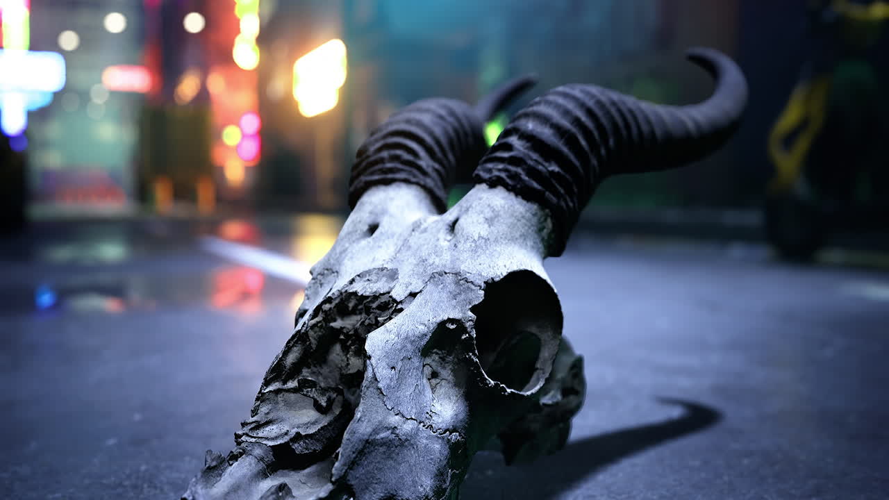 Horned skull resting on urban street at night with neon lights in background