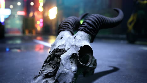 Horned skull resting on urban street at night with neon lights in background