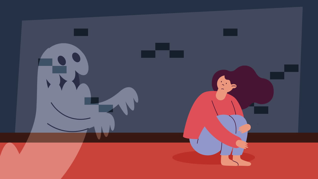 una chica se sienta sola en una habitación con una figura fantasmal distorsionada
