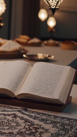 open quran book resting on a prayer rug with traditional food and lanterns in the background during the holy month of ramadan, creating a peaceful and spiritual atmosphere