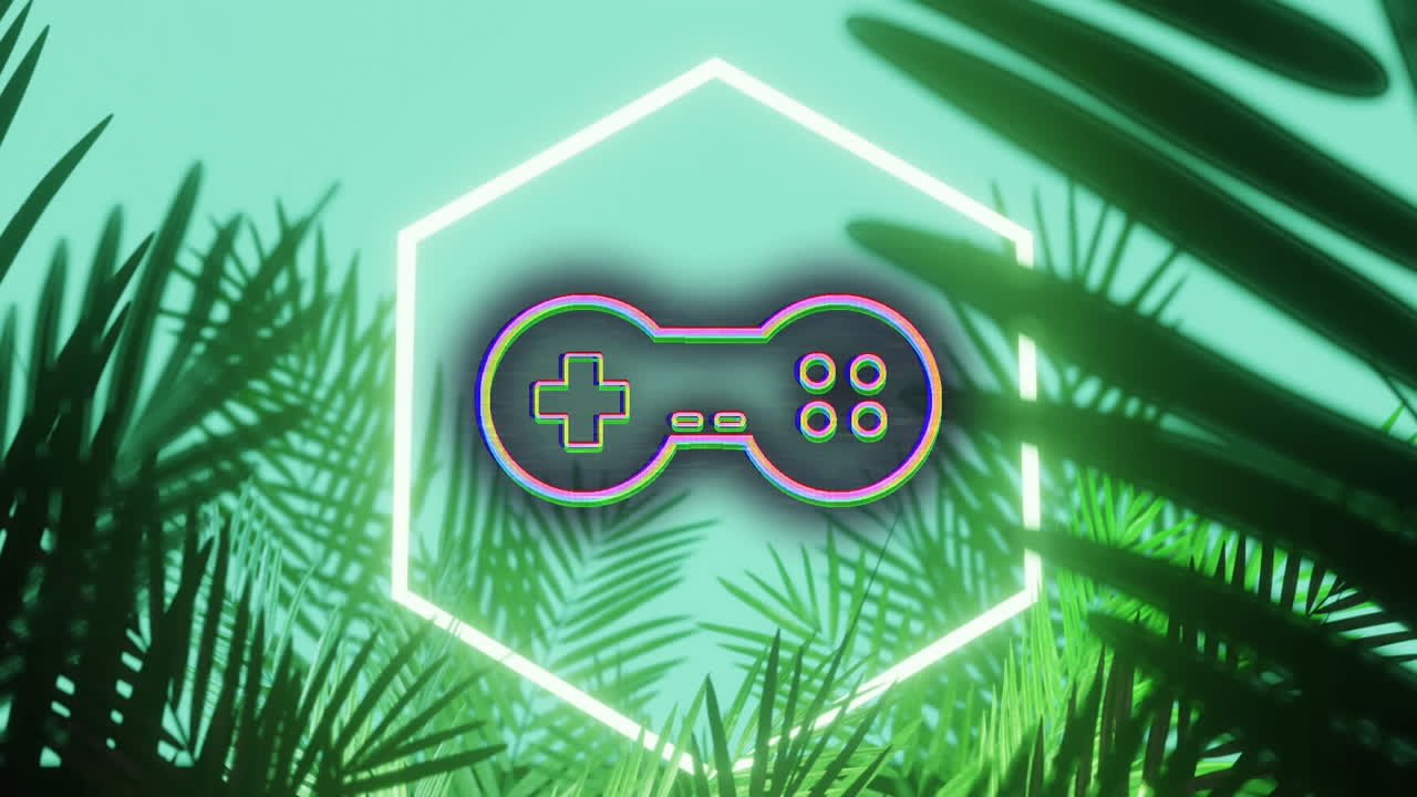 animación del controlador de videojuego sobre el hexágono, las hojas y el fondo verde brillante