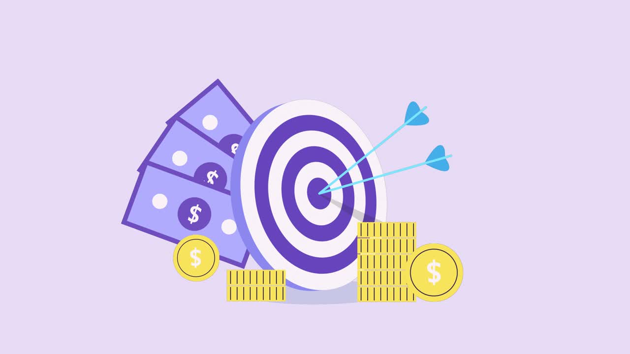 Target animation with an arrow hit the center. Business challenge, success, aim strategy and goal achievement concept. archery sports, target market, money, coins, dollar bills