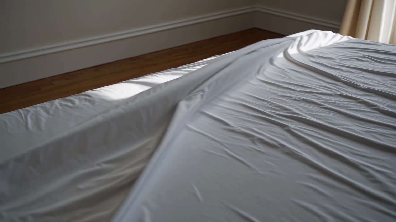 A minimalist video scene capturing a low-angle view of a sunlit, unmade bed with wrinkled sheets