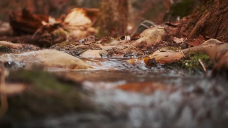 Agua-De-Arroyo-Y-Arroyo-Que-Fluye-Suavemente-Sobre-Rocas-Y-Suelo