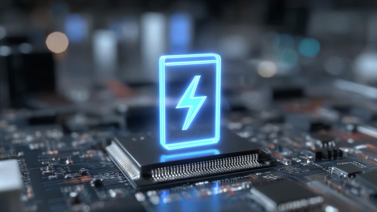 Futuristic Battery Icon Illuminated on Circuit Board, Symbolizing Energy Storage Technology and Digital Innovations in Electronics