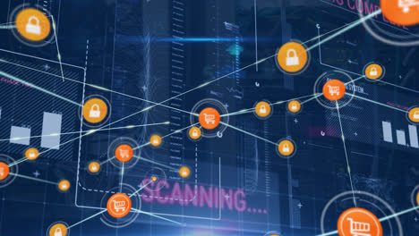 Animation-Eines-Verbindungsnetzwerks-Mit-Digitalen-Symbolen,-Statistik-Und-Datenverarbeitung