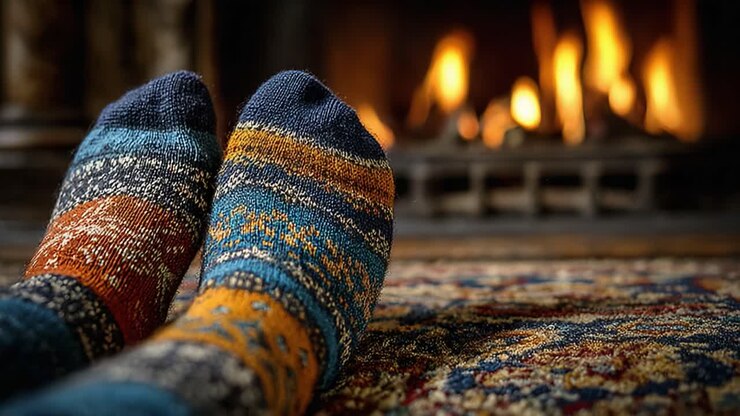 Atmosfera accogliente e calorosa: piedi rilassati in calzini colorati davanti al caminetto in una giornata fredda, per godersi il comfort e il relax in un ambiente familiare