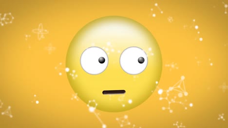 Animation-of-white-network-connections-falling-over-emoji-looking-around-on-yellow-background