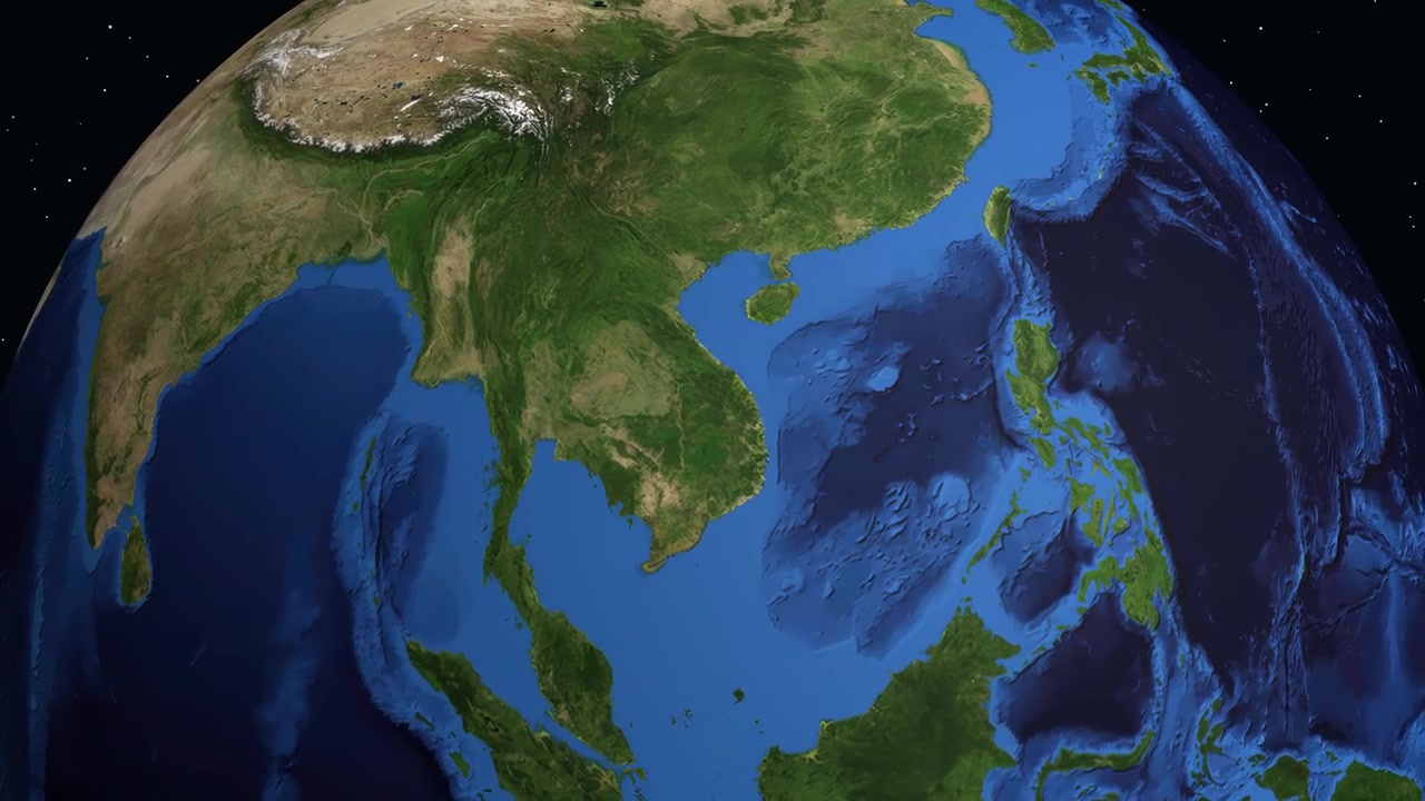 Un globo digitale ruota e zooma su Pakse, Laos, mostrando dati regionali e un indicatore di posizione.