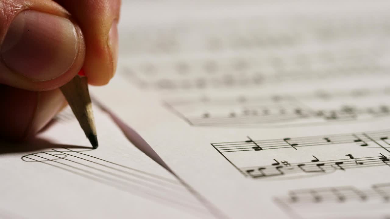 A musician composer writes, on the empty pentagram, the notes of his new song or opera. The musician composes his new music.