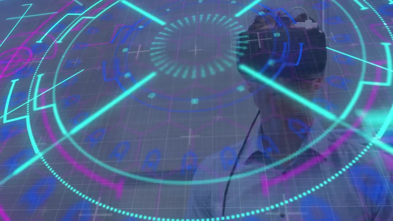 vr 헤드 ⁇ 을 착용한 백인 노인에 대한 그리드 네트워크를 통해 네온 범위 스캐너