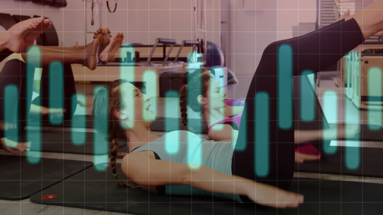 Six women performing pilates core workout on mats, with floating turquoise bar graph overlay