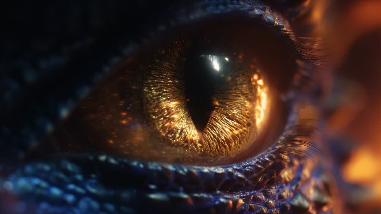 A close-up exploration of a dragon's eye, capturing the intricate patterns and shimmering golden reflections within, showcasing the mythical beast's intense gaze and vivid texture highlights